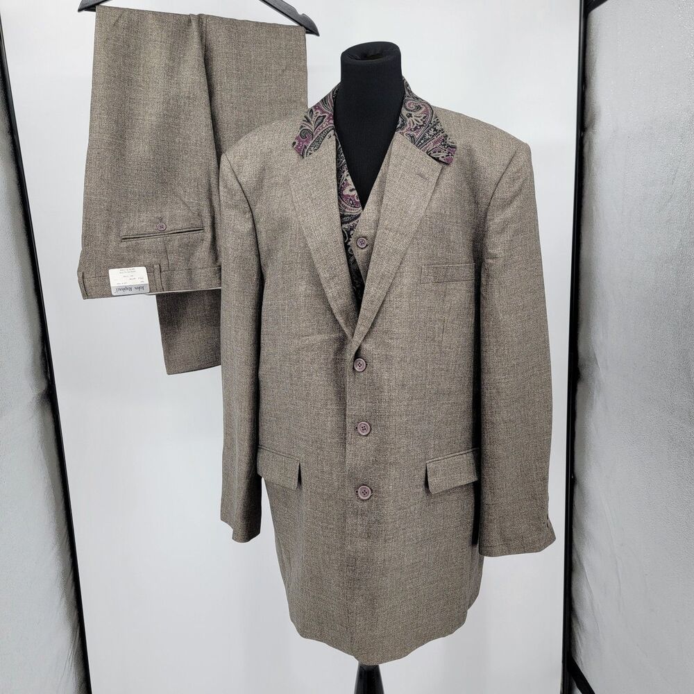 John Raphael Dream Mens Brown Paisley & Herringbone 3-Piece Suit 52L/47 NWT